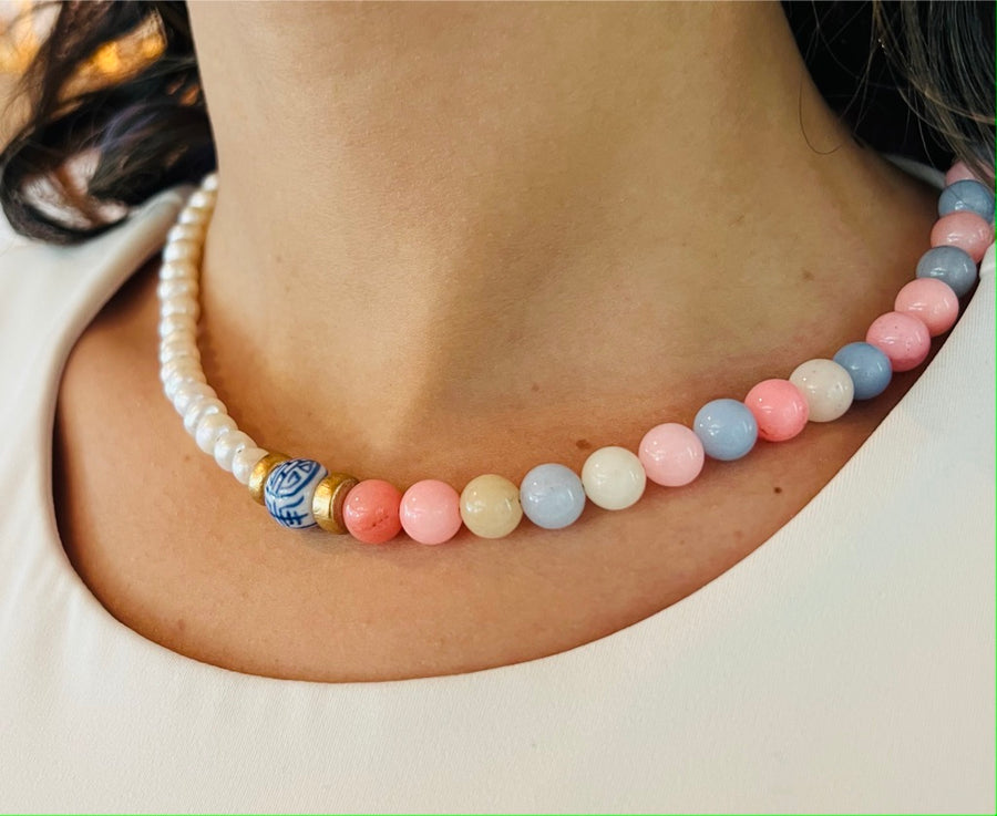 Handcrafted Pearl and Jade Necklace - Lucky Cycle | NOVICA